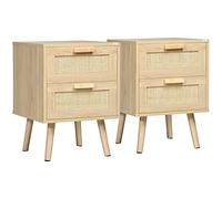 HOMCOM Conjunto de 2 Mesitas de Noche de Diseño Boho Mesillas de Noche con Cajones de Rejilla de Mimbre y Patas de Madera para Salón Dormitorio 40x40x56 cm Natural