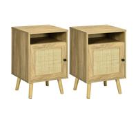 HOMCOM Conjunto de 2 Mesitas de Noche Mesillas de Noche con Puertas de Ratán Compartimientos Abiertos y Antivuelco Mesas Auxiliares para Dormitorio Salón 39x35x60 cm Natural