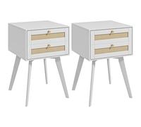 HOMCOM Conjunto de 2 Mesitas de Noche Mesillas de Noche Estilo Cannage con 2 Cajones y Elemento de Ratán Mesitas Auxiliares Pequeñas para Dormitorio Salón 40x40x60 cm Blanco