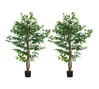 HOMCOM Conjunto de 2 plantas artificiales ficus altura 1,50 m tronco ramas lianas líquen hojas gran realismo maceta incluida Verde Aosom España