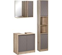 HOMCOM Conjunto de Baño Incluye 1 Mueble para Debajo del Lavabo 1 Armario de Baño con Espejo y 1 Columna de Baño con Estante Ajustable Roble y Gris