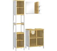 HOMCOM Conjunto de Baño Incluye 1 Mueble para Debajo del Lavabo 1 Columna de Baño y 1 Espejo de Baño Rectangular con Puerta de Bambú Estilo Moderno Blanco