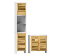 HOMCOM Conjunto de Baño Incluye 1 Mueble Bajo Lavabo 1 Columna de Baño Estrecha con Puertas de Bambú y Estantes Ajustables Blanco y Natural