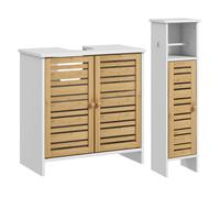 HOMCOM Conjunto de Baño Incluye 1 Mueble Bajo Lavabo 1 Columna de Baño Estrecha con Puertas de Bambú Portarrollos de Papel y Estantes Ajustables Blanco y Natural