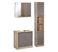 HOMCOM Conjunto de Baño Incluye 1 Mueble para Debajo del Lavabo 1 Armario de Baño con Espejo y 1 Columna de Baño con Estante Ajustable Roble y Gris