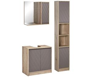HOMCOM Conjunto de Baño Incluye 1 Mueble para Debajo del Lavabo 1 Armario de Baño con Espejo y 1 Columna de Baño con Estante Ajustable Roble y Gris