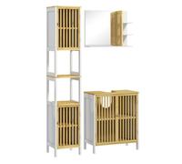 HOMCOM Conjunto de Baño Incluye 1 Mueble para Debajo del Lavabo 1 Columna de Baño y 1 Espejo de Baño Rectangular con Puerta de Bambú Estilo Moderno Blanco