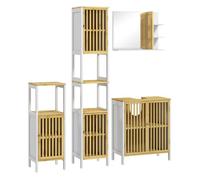 Homcom conjunto de baño incluye 1 mueble para debajo del lavabo 1 espejo de baño de pared 1 armario alto de baño y 1 mueble auxiliar de baño con puerta de bambú natural y blanco