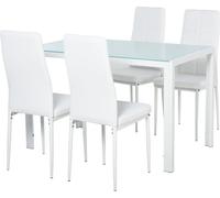 HOMCOM Conjunto de Comedor Mesa y 4 Sillas 5 Piezas Juego de Mueble de Cocina Mesa Rectangular de Vidrio Templado y Sillas Tapizadas en PU con Patas de Metal Blanco