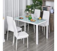 HOMCOM Conjunto de Comedor de Mesa y 4 Sillas 5 Piezas Blanco | Juego de Muebles de Cocina, Mesa Rectangular de Vidrio Templado, Sillas Tapizadas en PU, Patas de Metal Negro