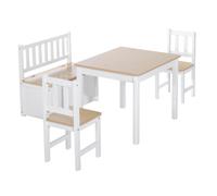 HOMCOM Mesa Infantil con 2 Sillas y Banco con Almacenaje Blanco y Natural | Mesa y Sillas Infantiles de 4 Piezas, Juego de Muebles para Actividades, para Niños de +3 Años, Dormitorio Sala de Juegos