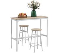 HOMCOM Conjunto de Mesa Alta de Bar con 2 Taburetes Mesa Alta de Cocina con Taburetes Marco de Acero Estilo Industrial para Comedor Natural y Blanco