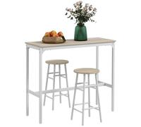 HOMCOM Conjunto de Mesa Alta de Cocina con 2 Taburetes Natural y Blanco | Mesa Alta de Bar con Taburetes, Ahorro de Espacio, Marco de Acero, Estilo Industrial, Mesa Alta para Comedor, Balcón