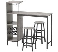 HOMCOM Conjunto de mesa de bar con taburetes, mesa de comedor de pie con 2 taburetes de bar estantes, compartimentos para vinos, madera natural