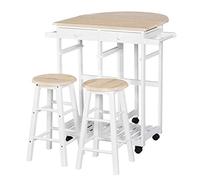 HOMCOM - Conjunto de mesa de bar plegable con ruedas y estante y 2 cajones + 2 taburetes madera pino MDF blanco roble claro