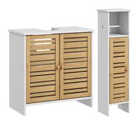HOMCOM Conjunto de Mueble Bajo Lavabo y Columna Auxiliar con Estantes Ajustables y Puertas de Bambú Blanco y Natural Aosom España