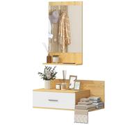 HOMCOM Conjunto de muebles de entrada con espejo, mueble de pared con cajón y 2 estantes abiertos para salón, dormitorio, entrada, madera natural
