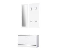 HOMCOM Conjunto de Muebles de Entrada Recibidor Pasillo Set de 3 Piezas Zapatero Espejo Perchero con 4 Ganchos para Colgar Ropa 80x27x46,5cm Blanco