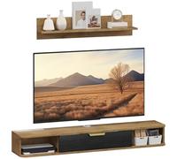 HOMCOM Conjunto de Muebles de Salón, Muebles de TV con Estante de Pared, Puerta, Estantes Abiertos, Orificios para Cables, para Televisión de Pared, 120x24x16 cm, Roble