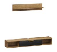 HOMCOM Conjunto de Muebles de Salón, Muebles de TV con Estante de Pared, Puerta, Estantes Abiertos, Orificios para Cables, para Televisión de Pared, 120x24x16 cm, Roble