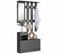 HOMCOM Conjunto de Recibidor de Entrada con Espejo, Perchero y Zapatero, Muebles de Recibidor de 2 Piezas con 6 Ganchos, Estante y Cajón, para Pasillo, Negro
