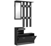 HOMCOM Conjunto de Recibidor de Entrada con Espejo, Perchero y Zapatero, Muebles de Recibidor de 2 Piezas con 6 Ganchos, Estante y Cajón, para Pasillo, Negro