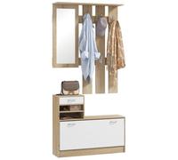 HOMCOM Conjunto de Recibidor de Entrada Espejo Zapatero Perchero Natural | Muebles de Recibidor 2 Piezas, 6 Ganchos, Estante, Cajón, para Pasillo