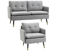 HOMCOM Conjunto de Sofá Incluye 1 Sofá de 2 Plazas y 1 Butaca de Salón con Reposabrazos Asiento Acolchado y Patas de Acero para Dormitorio Oficina Gris
