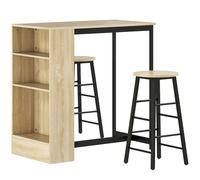 HOMCOM Conjunto Mesa Alta de Cocina con 2 Taburetes Reposapiés 3 Compartimentos Abiertos Estante Ajustable para Comedor Roble