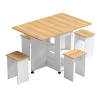 HOMCOM Conjunto Mesa de Comedor Plegable y 4 Taburetes Ocultos 2 Alas Abatibles Ruedas Estantes Roble Aosom España