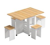 HOMCOM Conjunto Mesa y 4 Sillas de Comedor para 4 Personas Roble | Mesa de Comedor Plegable con Taburetes Ocultos, 2 Alas Abatibles, Ruedas, Estantes, Ahorro de Espacio