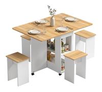 HOMCOM Conjunto Mesa y 4 Sillas de Comedor, Mesa de Comedor Plegable con Taburetes Ocultos, 2 Alas Abatibles, Ruedas, Estantes, Ahorro de Espacio, para 4-6 Personas, Roble