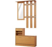 HOMCOM Recibidor de Entrada con Espejo Perchero y Zapatero Mueble de Recibidor de 2 Piezas con 6 Ganchos Estantes y Cajón Abatible para Pasillo Madera Marrón