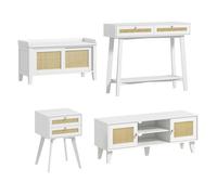 Homcom conjunto para el hogar incluye 1 mueble de tv 1 mesa consola 1 banco zapatero con asiento y 1 mesita auxiliar con elemento de ratán estilo bohemio blanco