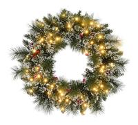 HOMCOM Corona de Navidad Puerta Artificial 60CM Decoración de Navidad Luminosa con Patatas de pino y racimos de Bahías, Luces LED y temporizador, para Puerta, Ventana o Chimenea, Verde