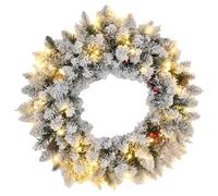 HOMCOM Corona de Navidad Puerta Helada Artificial 60CM Decoración de Navidad Luminosa con Piñas y Bayas Rojas, Luces LED y Temporizador, para Puerta, Ventana o Chimenea, Verde