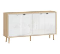 HOMCOM Credenza Moderna 4 Puertas con Estante Ajustable, 141x35x77 cm, Blanco Brillante y Roble