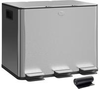 HOMCOM Cubo de Basura de Cocina con 3 Compartimentos 3x10L Papelera de Cocina de Acero Inoxidable con Pedales Tapas de Cierre Suave y Cubo Extraíble para Reciclaje Residuos Restos de Comida Plata