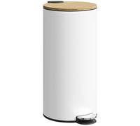 HOMCOM Cubo de Basura Cocina con Pedal, 30L, Papelera de Cocina Metálico con Tapa de Cierre Suave y Cubo Extraíble, para Dormitorio, Oficina, Estudio y Salón, 36x30x60,5 cm, Blanco y Madera Natural