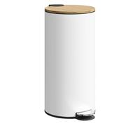HOMCOM Cubo de Basura Cocina con Pedal, 30L, Papelera de Cocina Metálico con Tapa de Cierre Suave y Cubo Extraíble, para Dormitorio, Oficina, Estudio y Salón, 36x30x60,5 cm, Blanco y Madera Natural