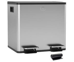 HOMCOM Cubo de Basura de Cocina con 2 Compartimentos 2x15L Papelera de Cocina de Acero Inoxidable con Pedales Tapas de Cierre Suave y Cubo Extraíble para Reciclaje Residuos Restos de Comida Plata