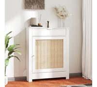 HOMCOM Cubre Radiadores con Puerta Abatible y Ratán, Cubreradiador de MDF, 78x19x95,5 cm, Cubierta para Radiador, Compartimento, Diseño Bohemio, para Salón, Dormitorio, Blanco