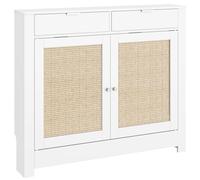 HOMCOM Cubre Radiadores con Puertas Abatibles y Ratán, Cubreradiador de MDF, 111x19x95,5 cm, Cubierta para Radiador, 2 Compartimentos, Diseño Bohemio, para Salón, Dormitorio, Blanco