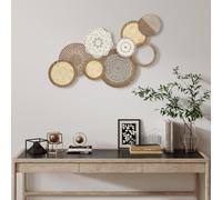 HOMCOM Decoración de Pared Moderna de Madera 83,8x44,5 cm Madera Natural | Escultura de Pared Geométrica, Diseño Único Multi-Disco, Decoración Colgante, Sala de Estar, Dormitorio, Oficina