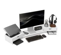 HOMCOM Elevador Monitor Ángulo/Longitud Ajustable 60-116x22x12 cm Blanco | Soporte para Monitor Escritorio, con 2 Cajones, para PC, Portátil, Organizador para Ordenador