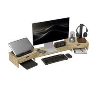 HOMCOM Elevador Monitor Ángulo y Longitud Ajustable, Soporte para Monitor Escritorio con 2 Cajones, para PC, Portátil, 60-116x22x12 cm, Roble