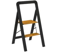 HOMCOM Escalera plegable de 2 peldaños Escalera de tijera con asa, plataforma antideslizante, capacidad de carga hasta 150 kg Aluminio Negro 44,5 x 48 x 86,3 cm