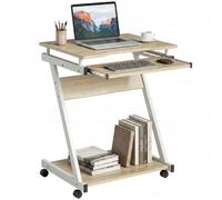 HOMCOM Escritorio de oficina con 4 ruedas, 60 x 48 cm, escritorio ahorra espacio con bandeja para teclado, estante abierto, mesa para ordenador para casa, estudio u oficina, color roble