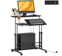 HOMCOM Escritorio Elevable con Ruedas, Enchufes, Puertos USB, Altura Ajustable, 80x60 cm, Escritorio de Pie con Panel Central Inclinado y Estante Inferior de Almacenamiento, para Oficina, Hogar, Negro