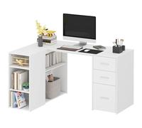 HOMCOM Escritorio en Forma de L con 3 cajones 140x100x75 cm Blanco | 1 para docs Letter/Legal/A4, 5 compartimentos abiertos, estantes ajustables, escritorio para oficina en casa, dormitorio.
